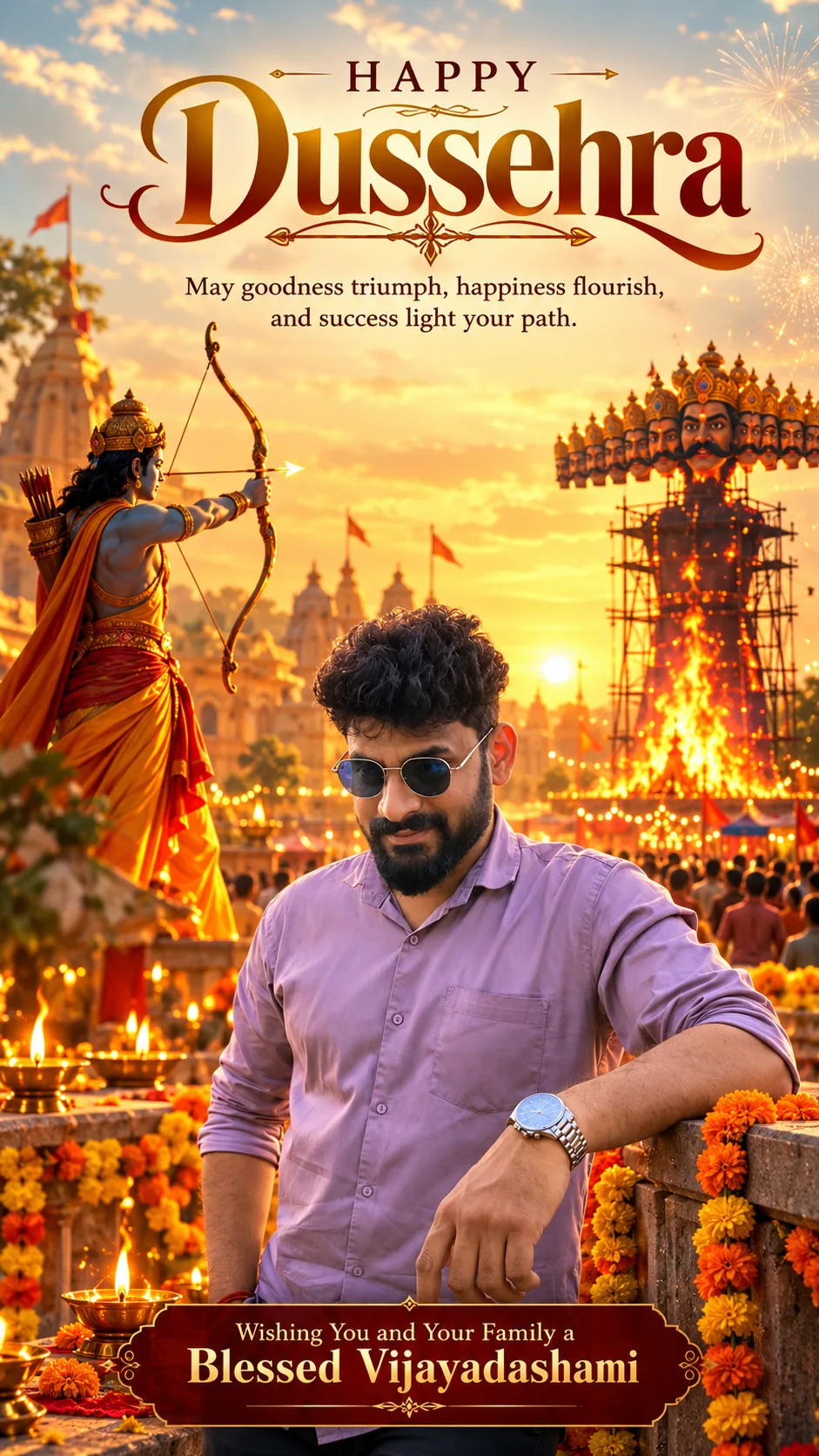 Man in lavender shirt by a marigold railing with Lord Rama, burning Ravana effigy and fireworks behind