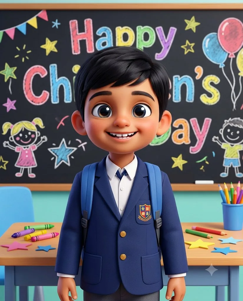 3D cartoon kid in school uniform