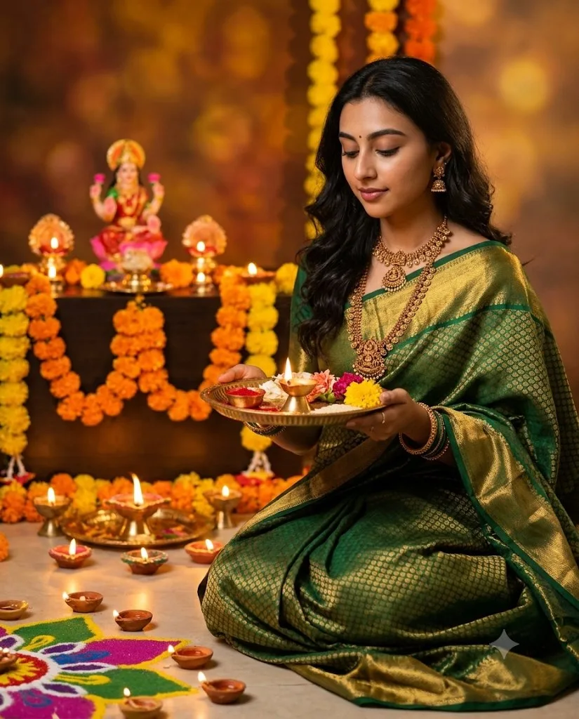 Diwali puja portrait in silk saree