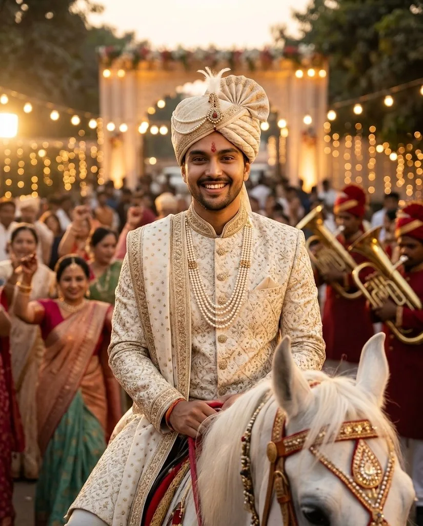 Groom on a decorated horse at dusk