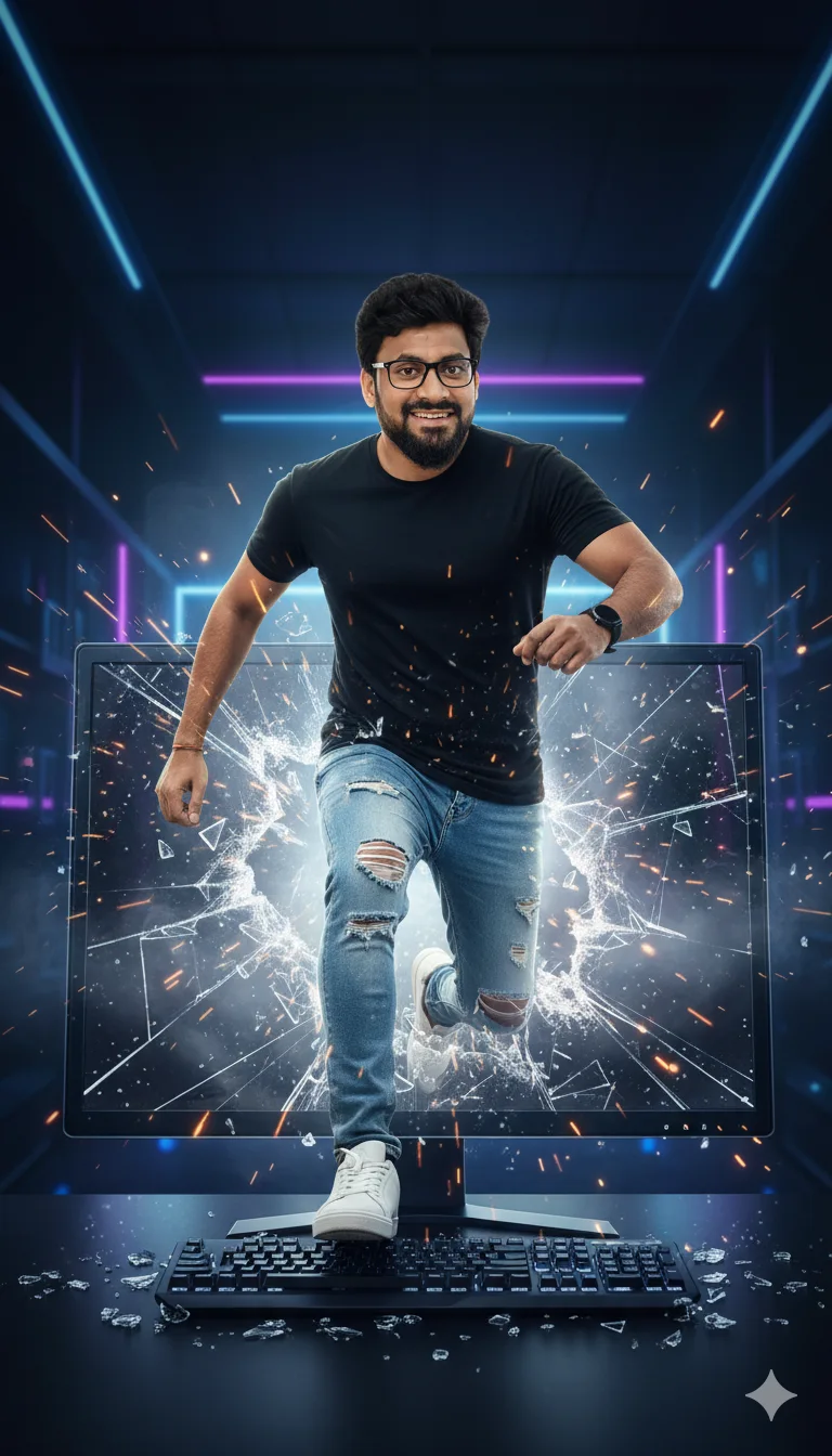 Man in glasses and black shirt stepping out of a shattered computer monitor onto a keyboard with sparks