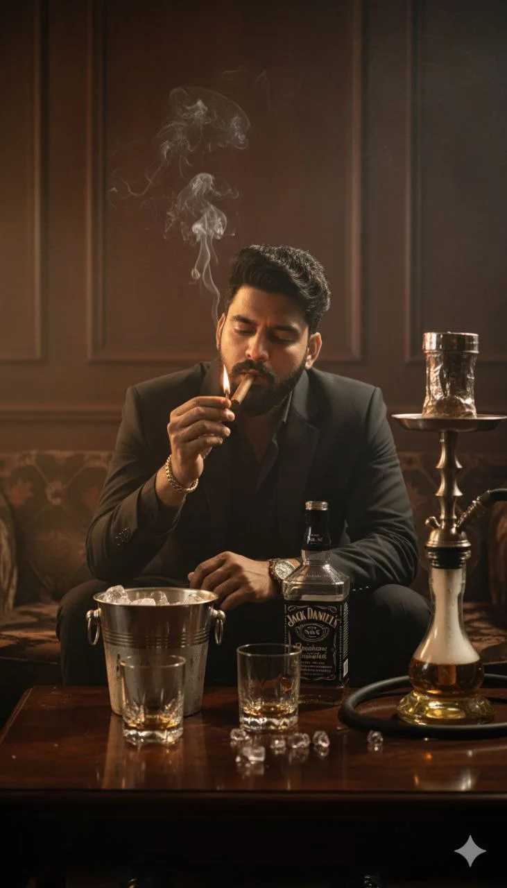 Man in a dark suit lighting a cigar in a wood-panelled lounge with whiskey and a hookah on the table