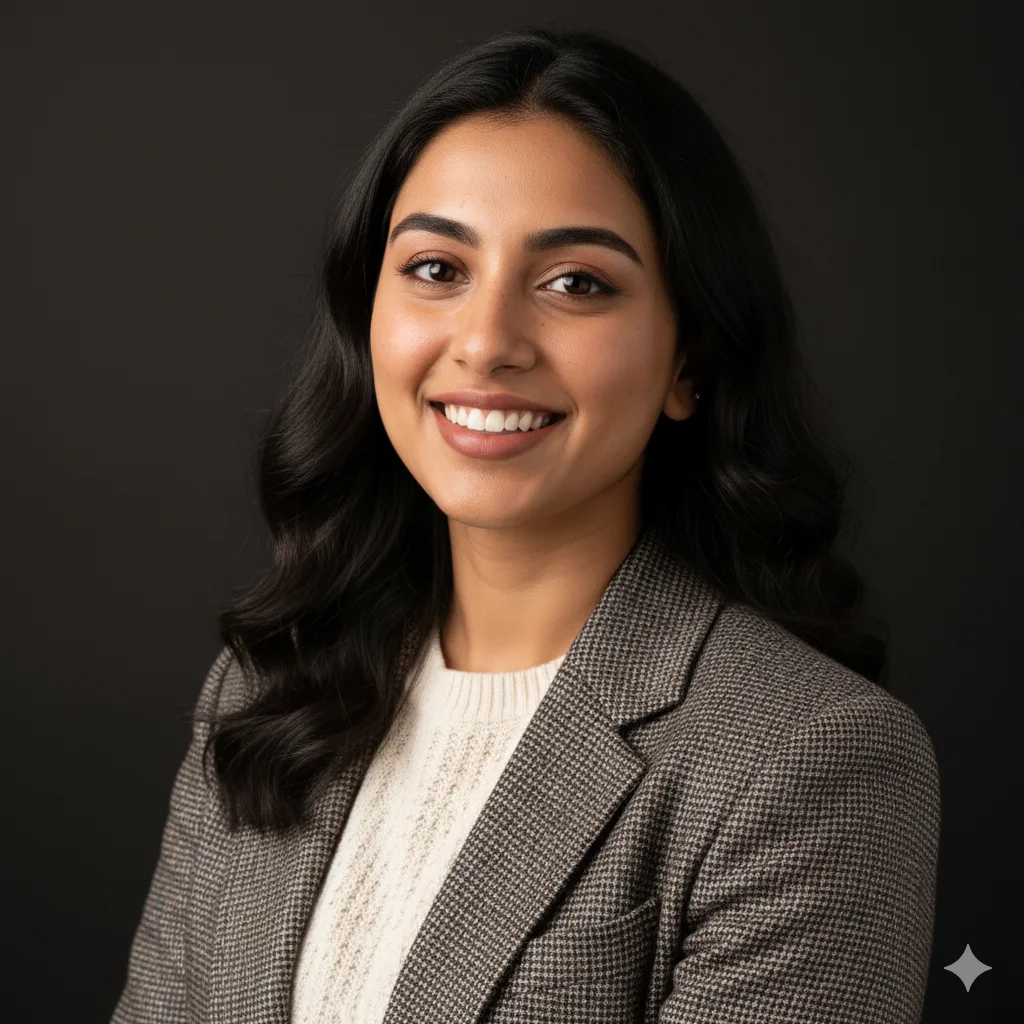Woman in tweed sport coat over cream sweater with a thoughtful head tilt, studio headshot