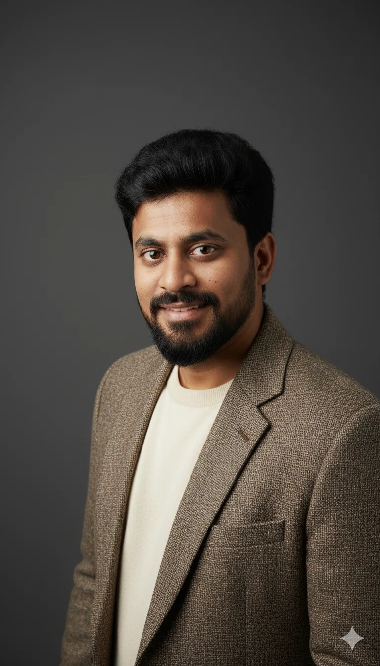Man in classic tweed sport coat and cream sweater, thoughtful chest-up headshot