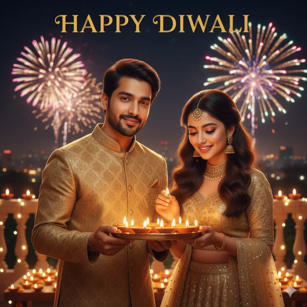 Couple in golden kurta and lehenga on a diya-lit terrace with fireworks, HAPPY DIWALI text overlay