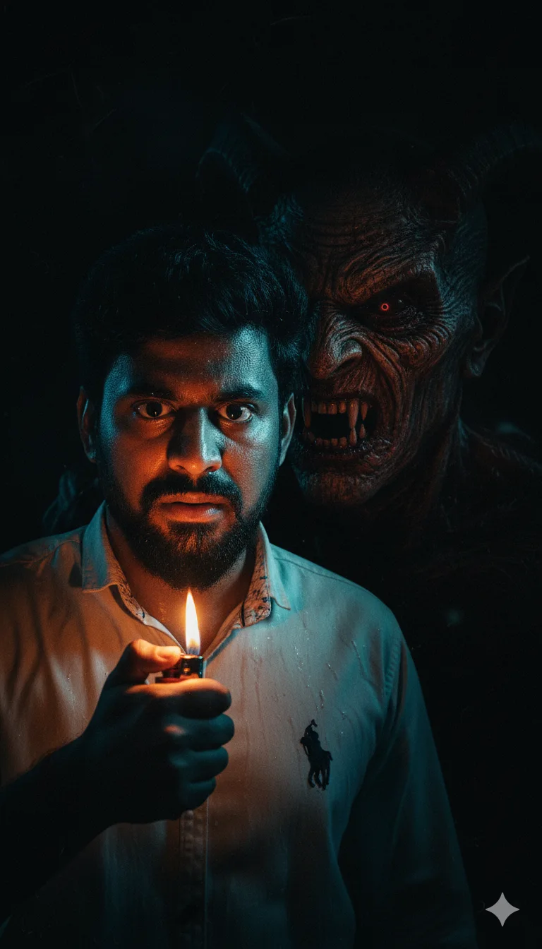 Sweaty man holding a lit lighter near his face while a shadowy demonic face whispers in his ear