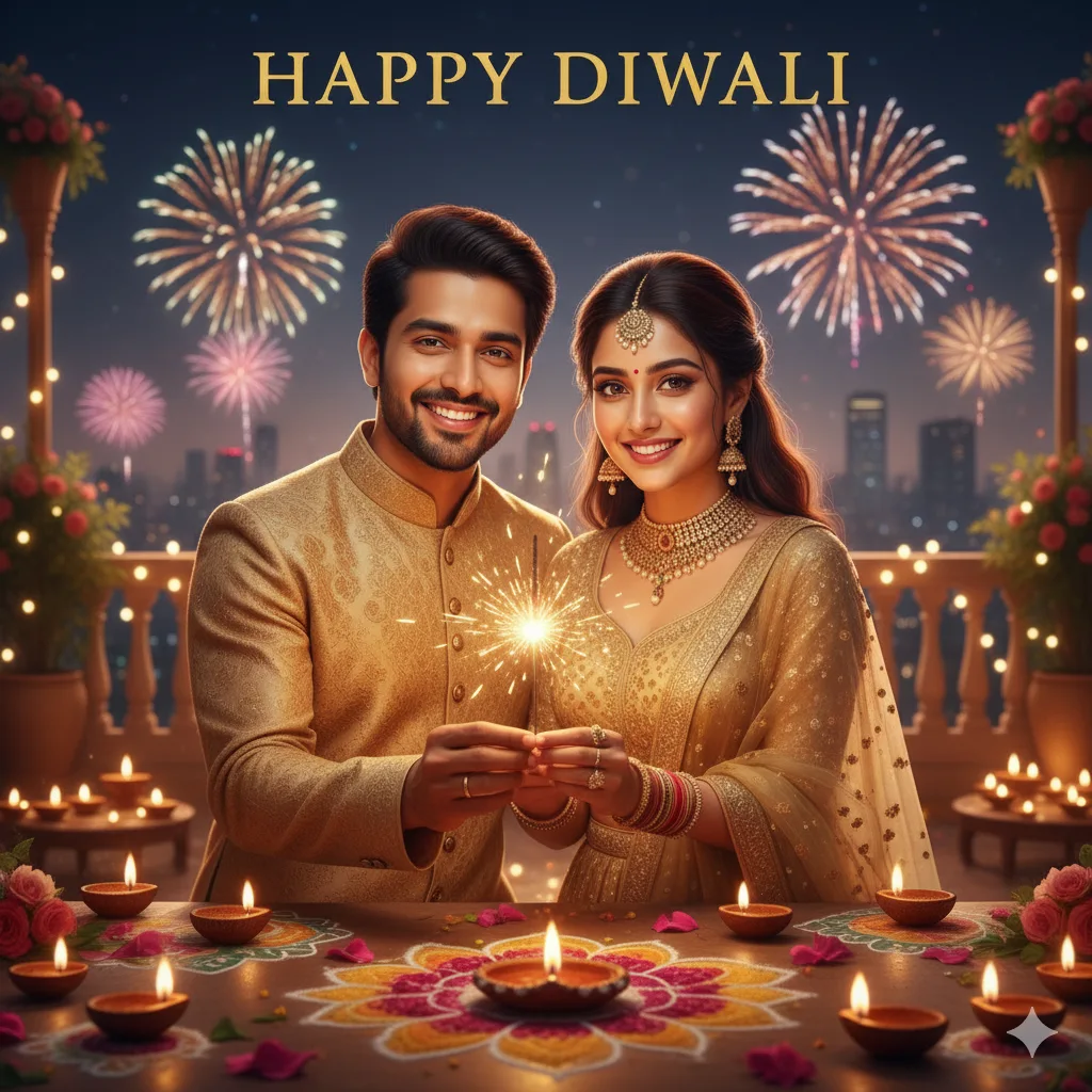 Couple in matching golden outfits holding a phuljhadi together on a festive terrace