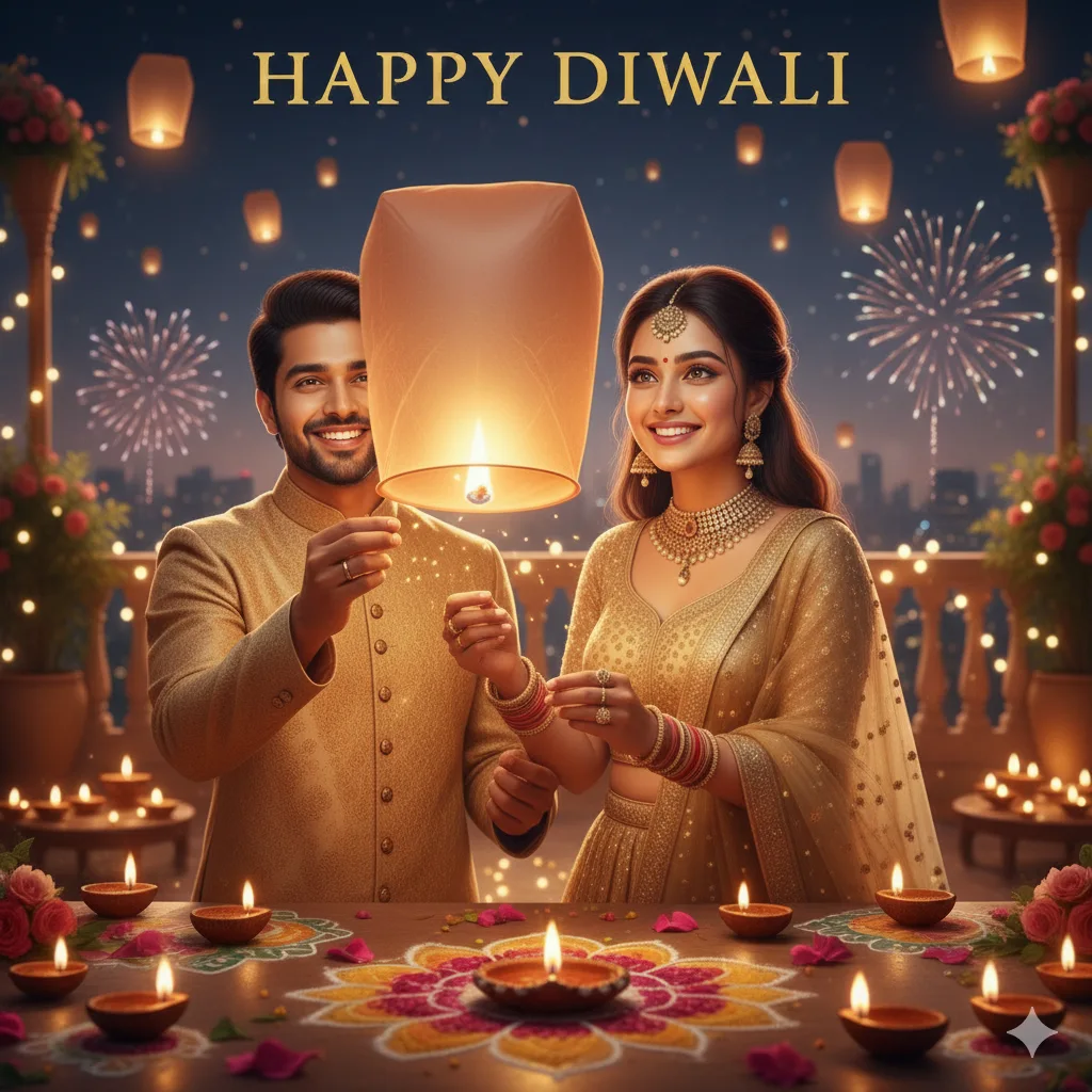 Couple in golden festive wear holding a sky lantern and looking up, more lanterns in the night sky