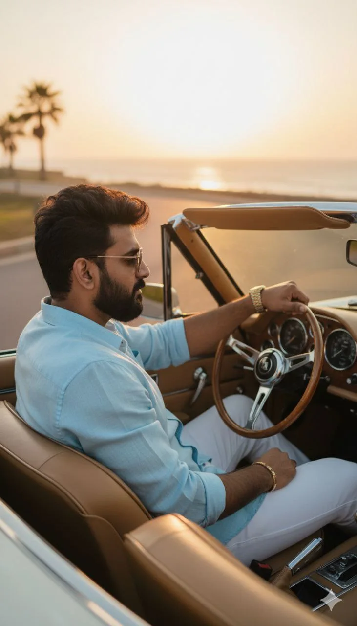 Bearded man in a blue shirt and white jeans sitting in a convertible car looking away