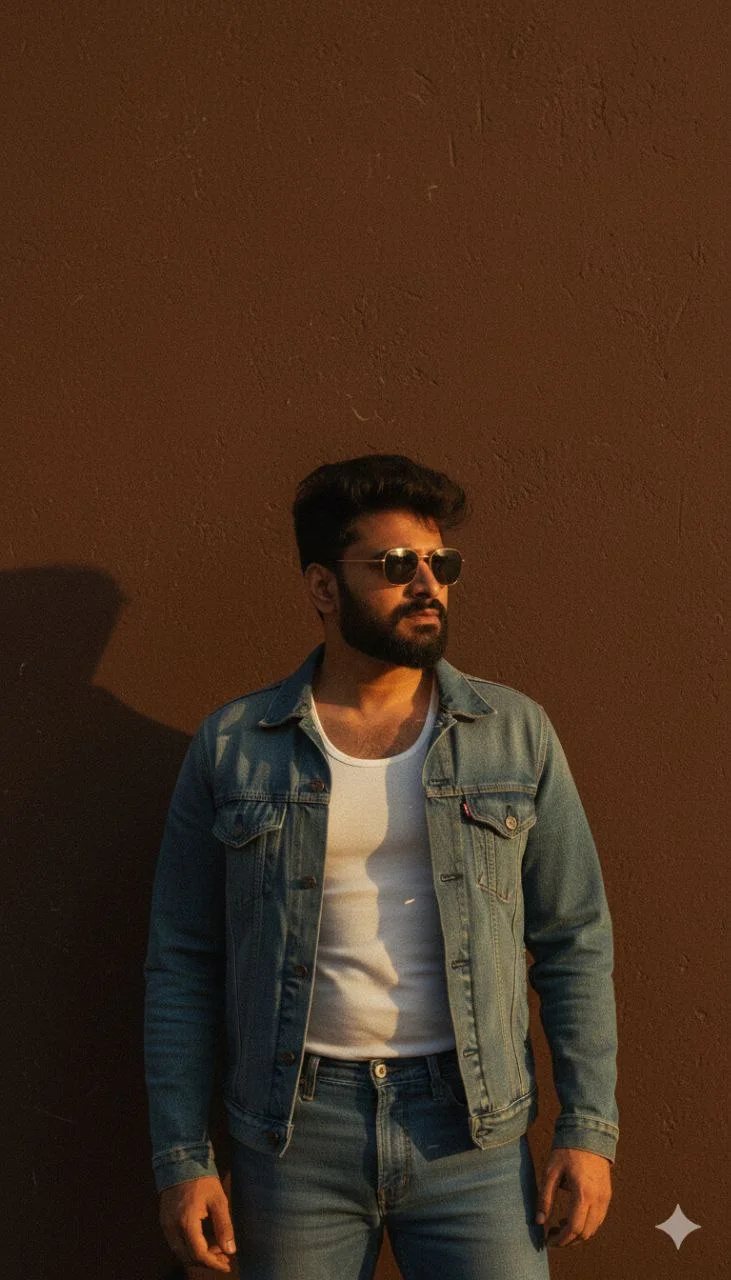 Man in a blue denim jacket and jeans standing against a brown wall with warm sunset shadows
