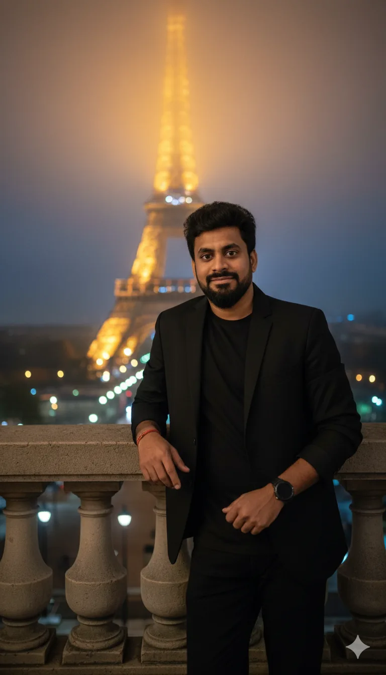 Man in a black open blazer leaning on a stone balcony at night with the Eiffel Tower glowing in fog