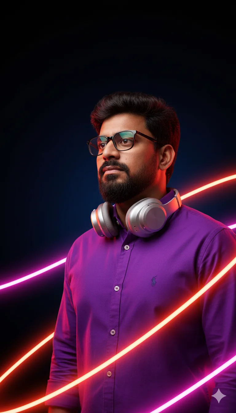 Low-angle shot of a man in a purple shirt and glasses with headphones around his neck and pink-orange neon beams