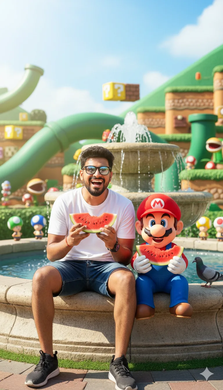 Person in sunglasses sitting on a fountain with Mario, both holding watermelon slices in a Mario-themed park