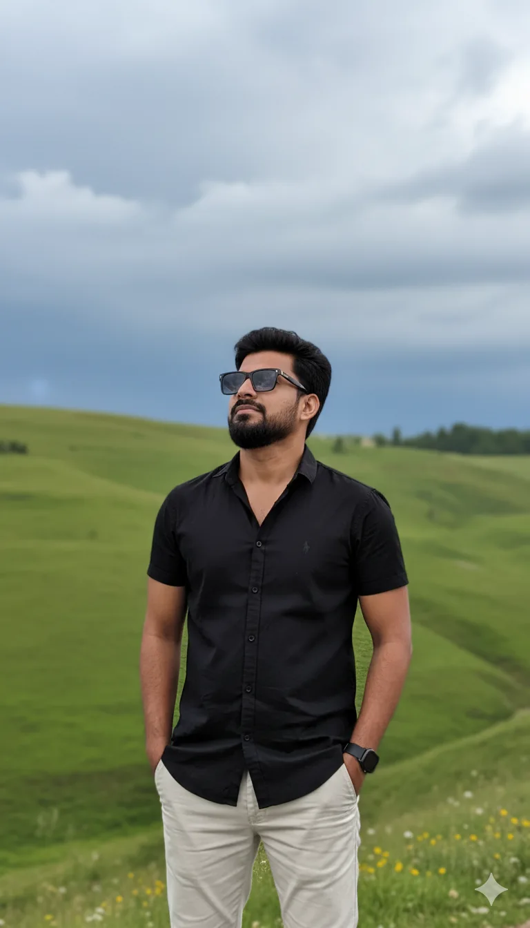 Man in sunglasses and black short-sleeved shirt looking up against green hills and a cloudy sky