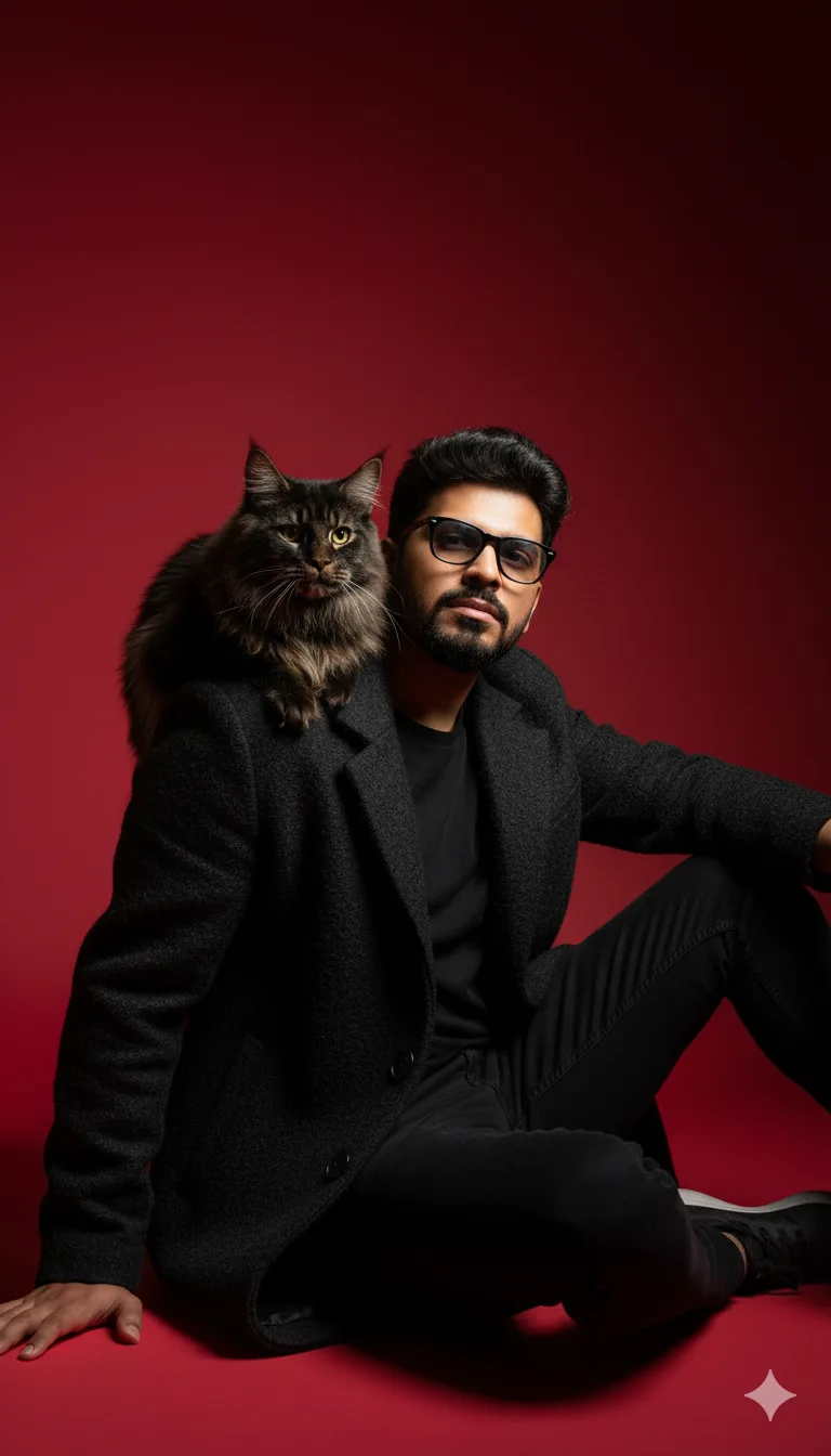 Half-body portrait of a man in a dark jacket with a large Maine Coon cat on his shoulder against crimson red