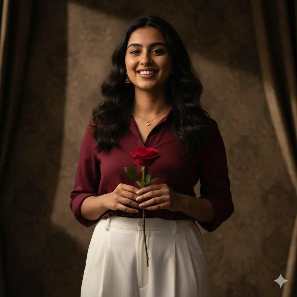 Young Indian woman in maroon shirt and white trousers holding a red rose against a dark retro backdrop