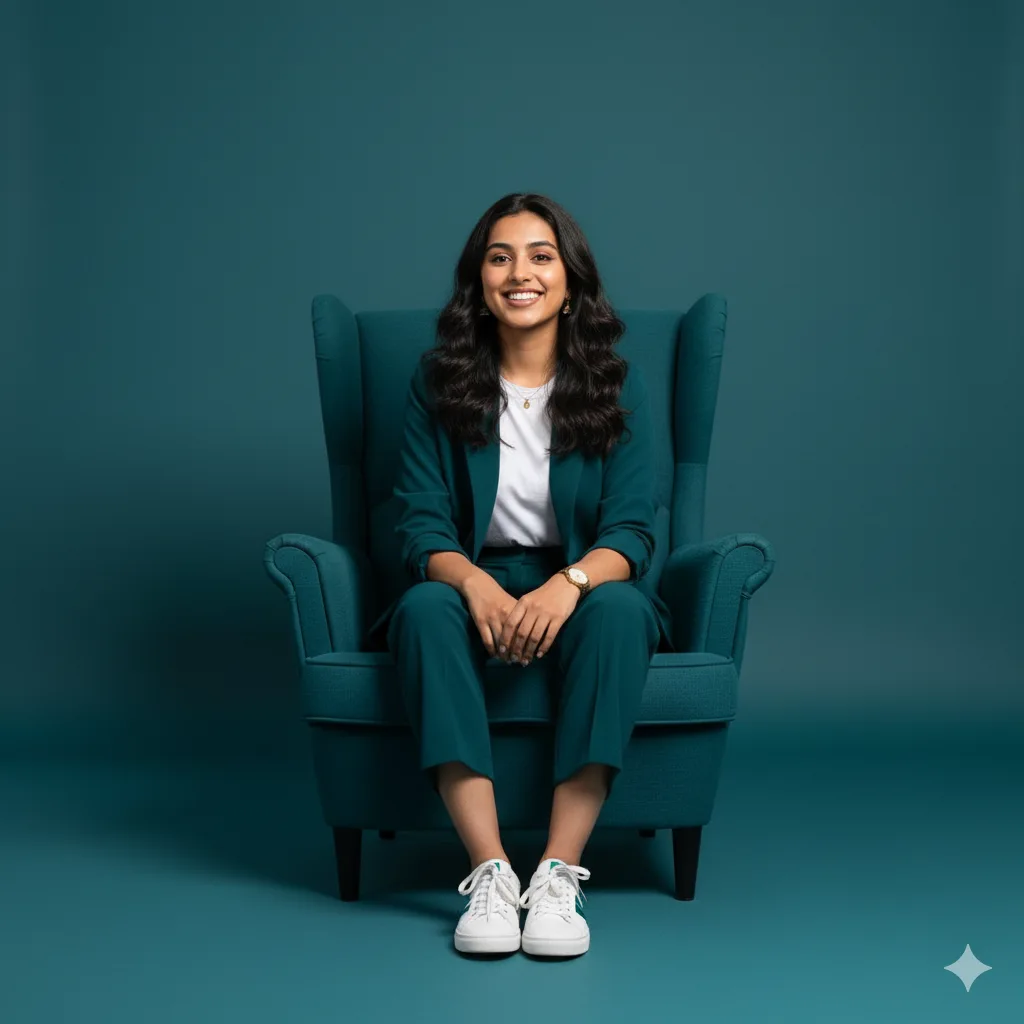 Woman in teal suit and white sneakers seated in a matching teal armchair in a monochrome studio