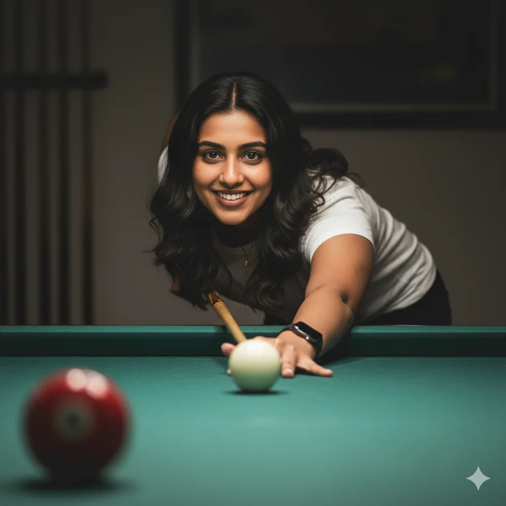 Woman in white t-shirt leaning over a pool table, cue aimed at the white ball under overhead light
