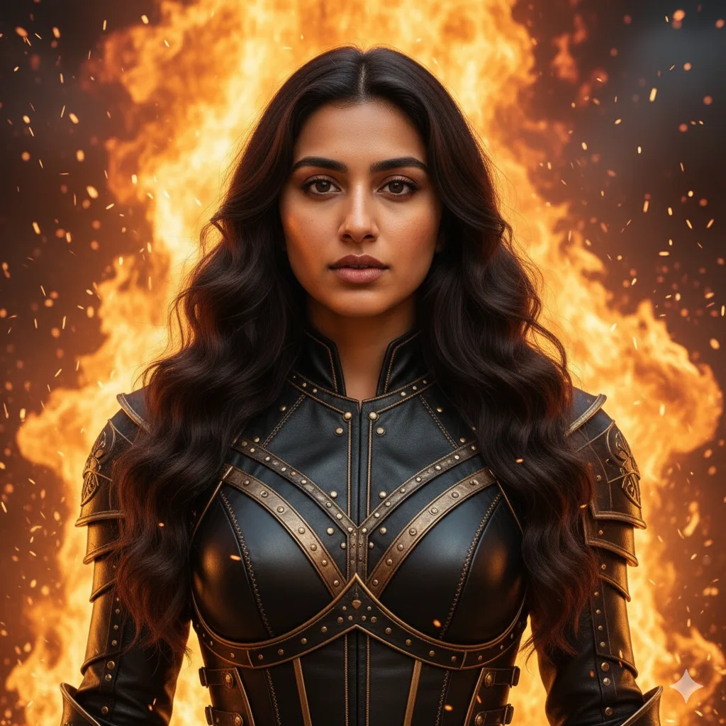 Woman in black leather outfit with long wavy hair in front of a wall of fire and rising embers