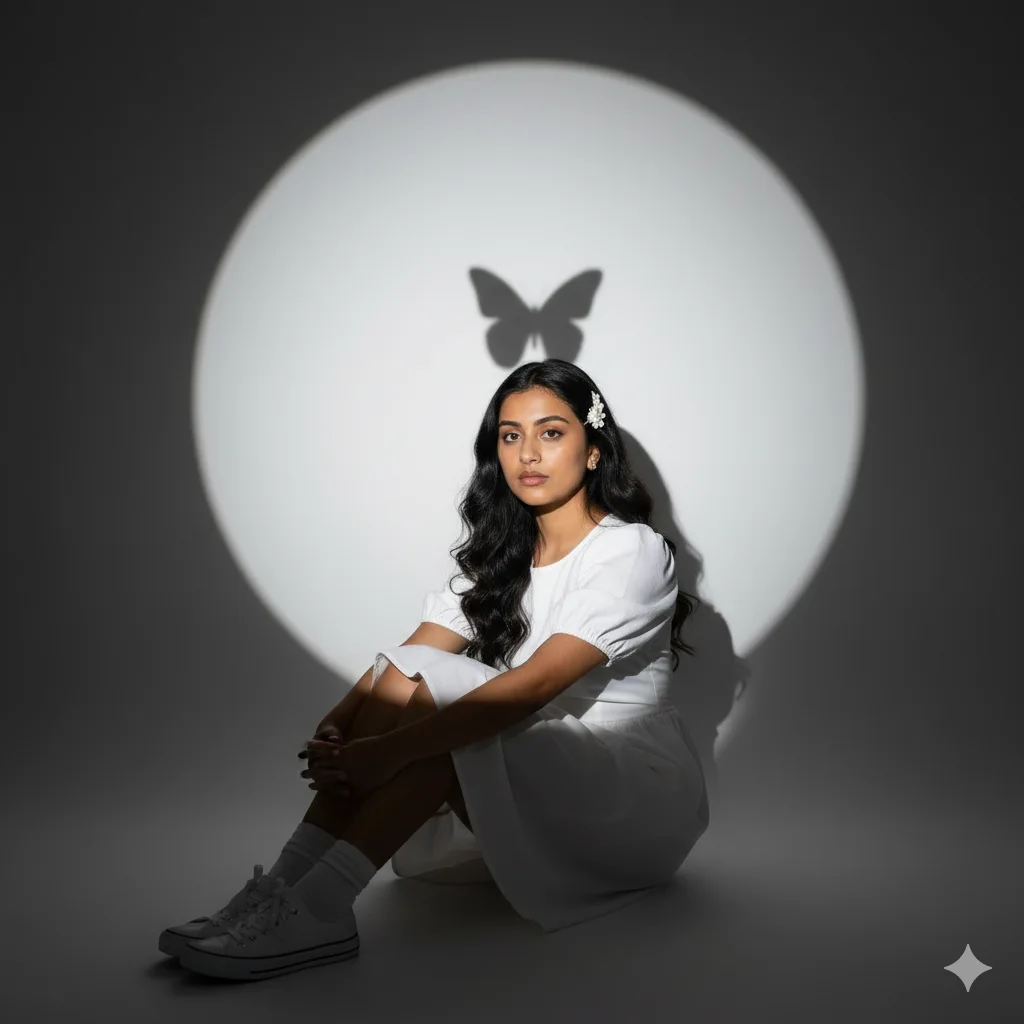 Young woman in white dress sitting on the floor beside a circle of light with a butterfly shadow