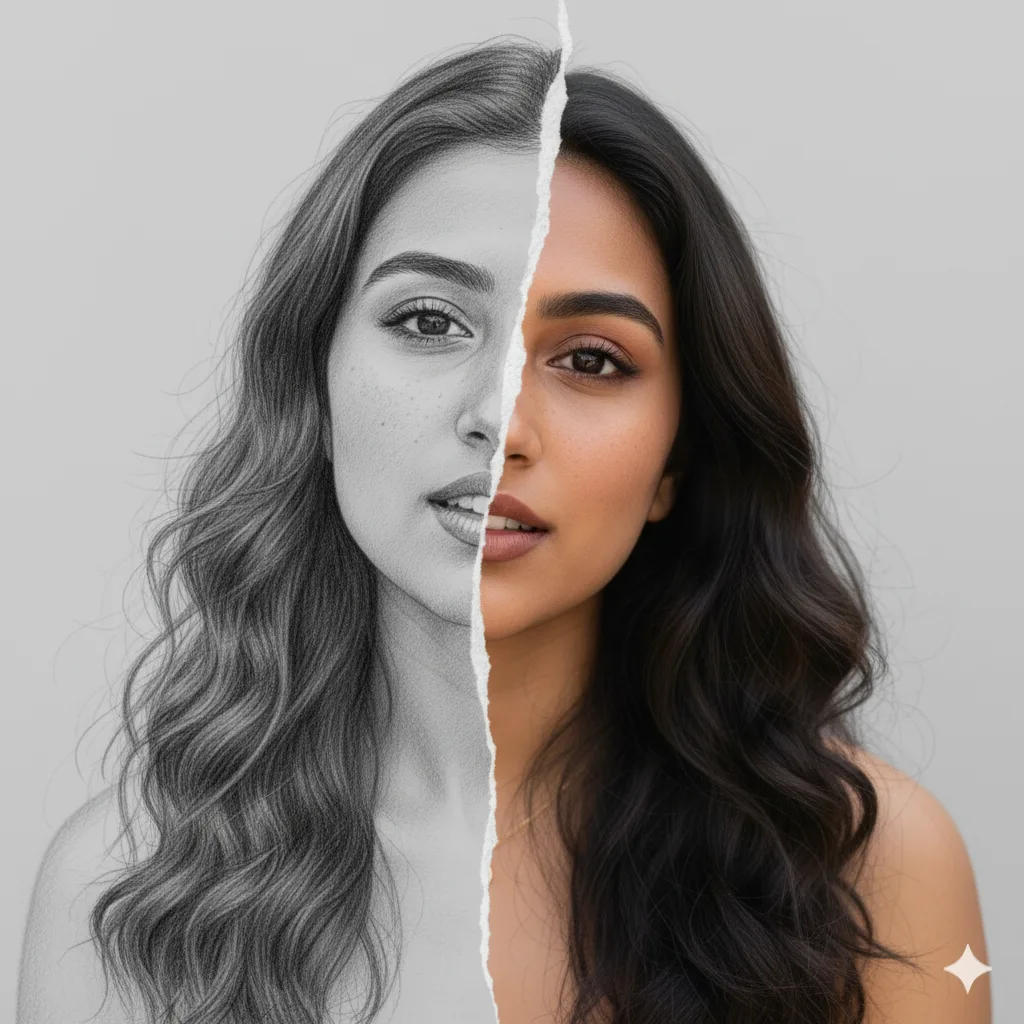 Portrait split by torn paper, one half graphite pencil sketch and the other half photorealistic