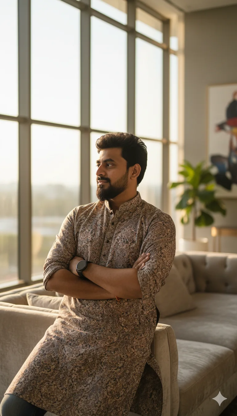 Young man in a luxury kurta with rolled sleeves leaning back on a sofa in a sunlit living room