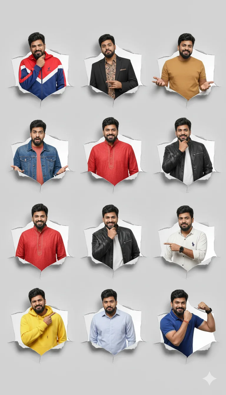 3x3 grid of a man in different outfits and expressions tearing through a light gray wall