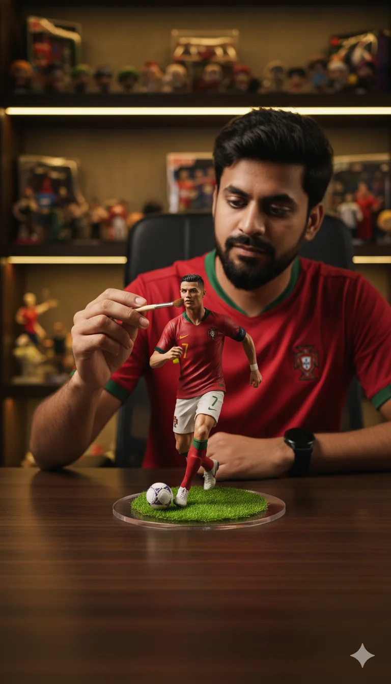 Man in a Portugal jersey brushing a Cristiano Ronaldo figurine on a desk with toy collections behind