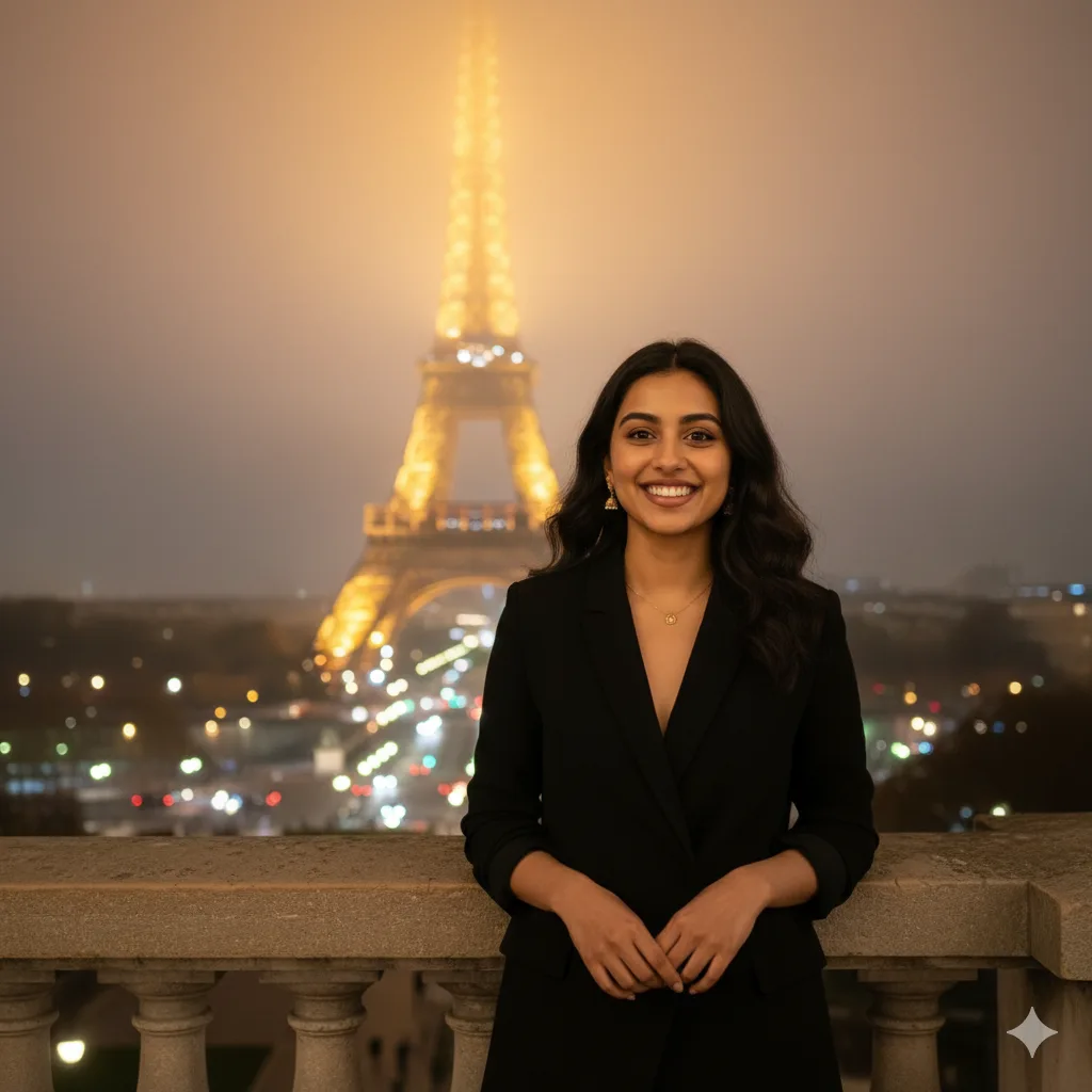Woman in a black open blazer leaning on a Paris stone balcony at night with the Eiffel Tower in fog
