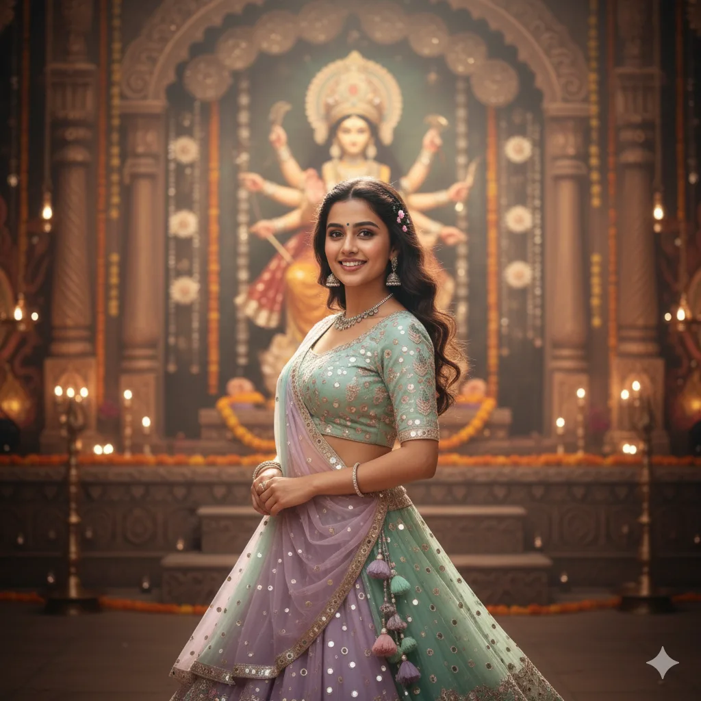 Woman in a pastel lehenga with flower clips in her curls in front of a softly lit Maa Durga idol