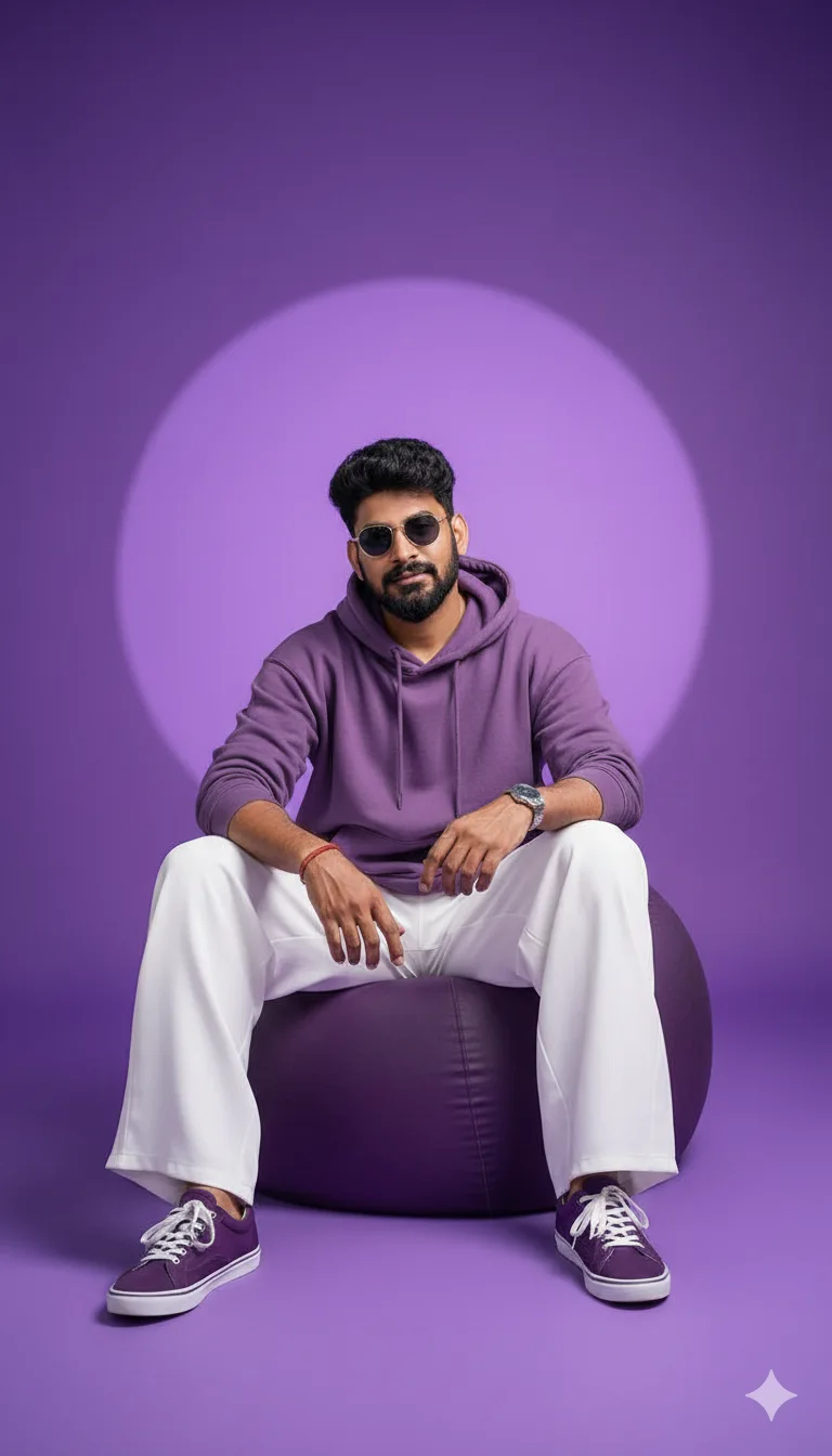 Young man in a purple hoodie and white trousers seated on a purple bean bag in a purple studio