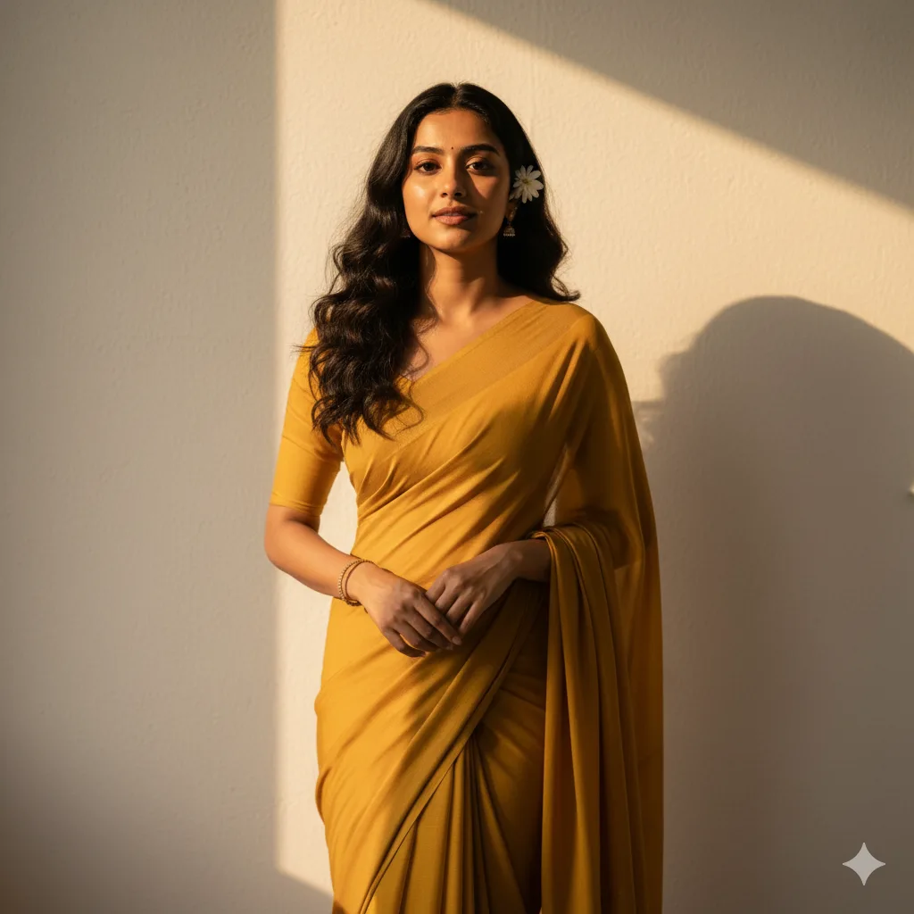 Woman in a mustard yellow saree with a flower in her curly hair against a sunlit wall with a light triangle
