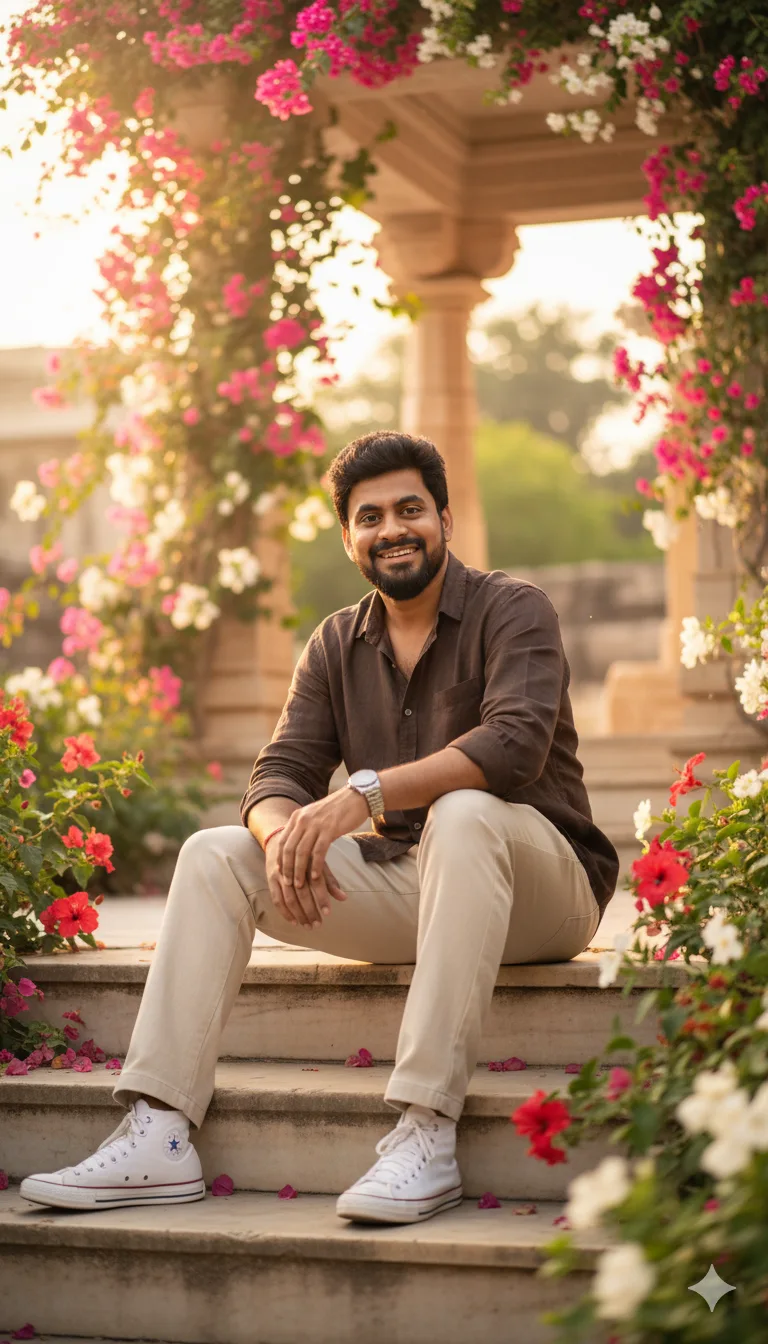 Smiling young man in brown linen shirt seated on marble temple stairs in a flower garden