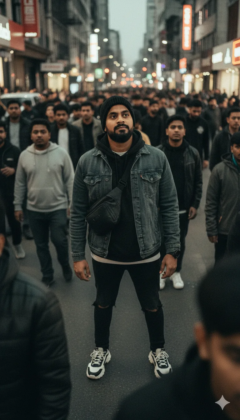 Young man in layered hoodie and beanie looking up amid a blurred city crowd, shot from above