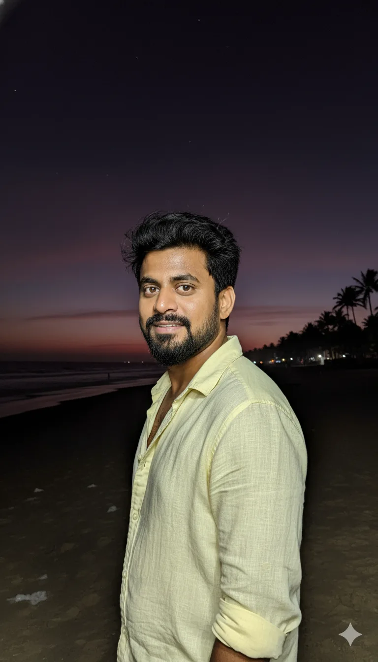 Man in open yellow linen shirt turning toward the camera on a beach at night under flash