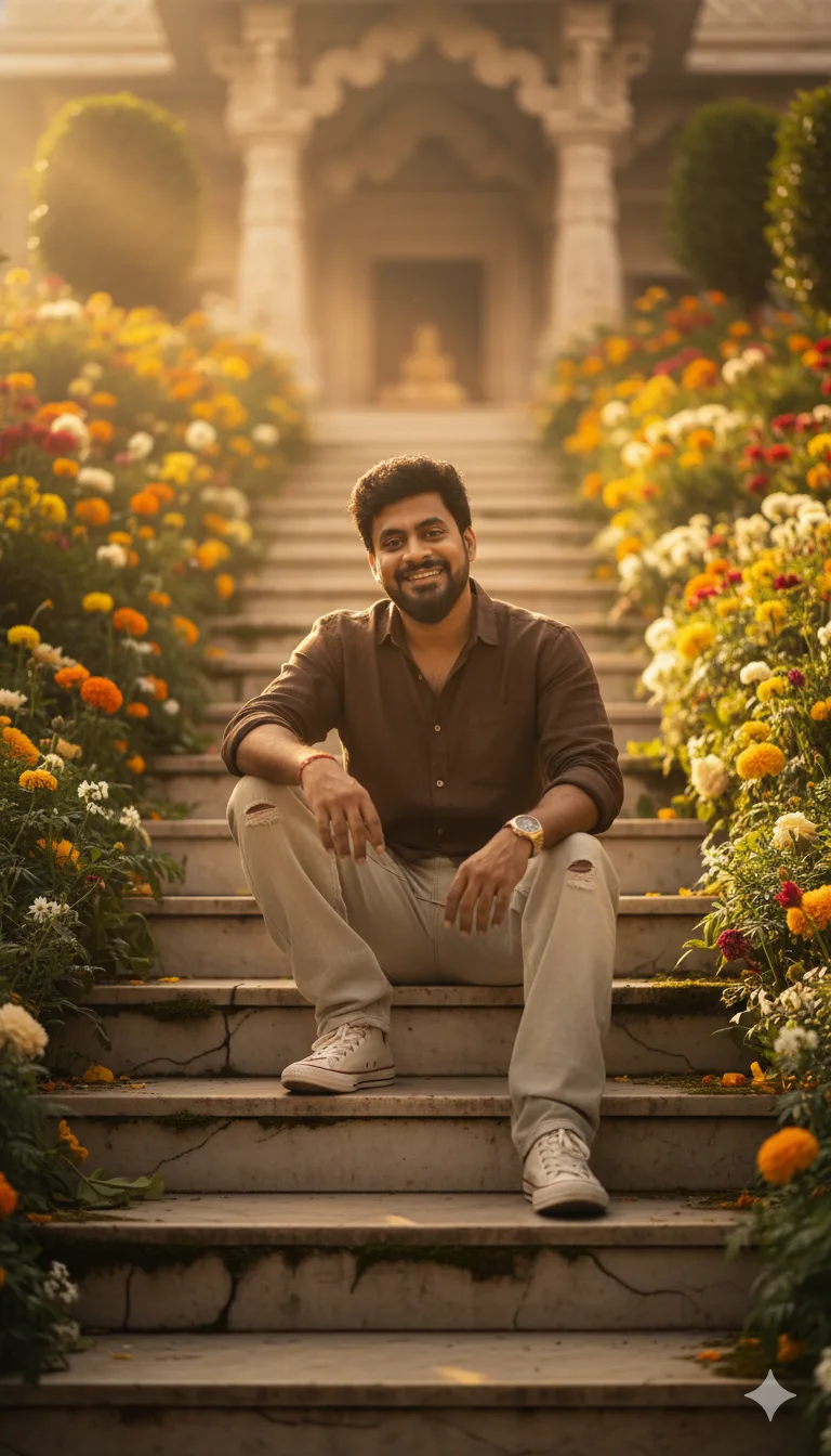 Man in dark brown shirt and Converse sitting on marble temple steps among flowers at golden hour