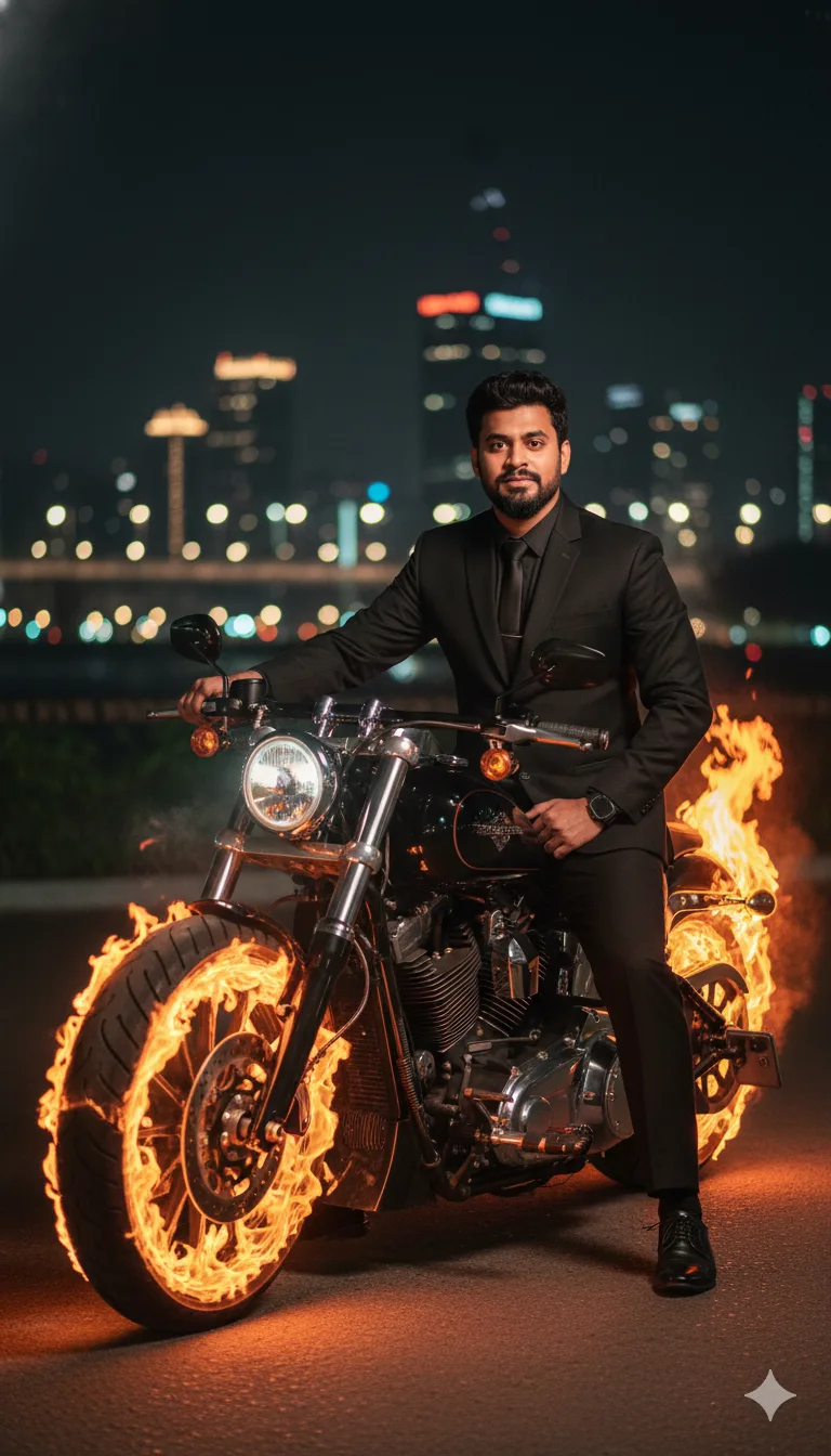 Man in black suit sitting on a Harley-Davidson with flaming neon-orange wheels in a night city