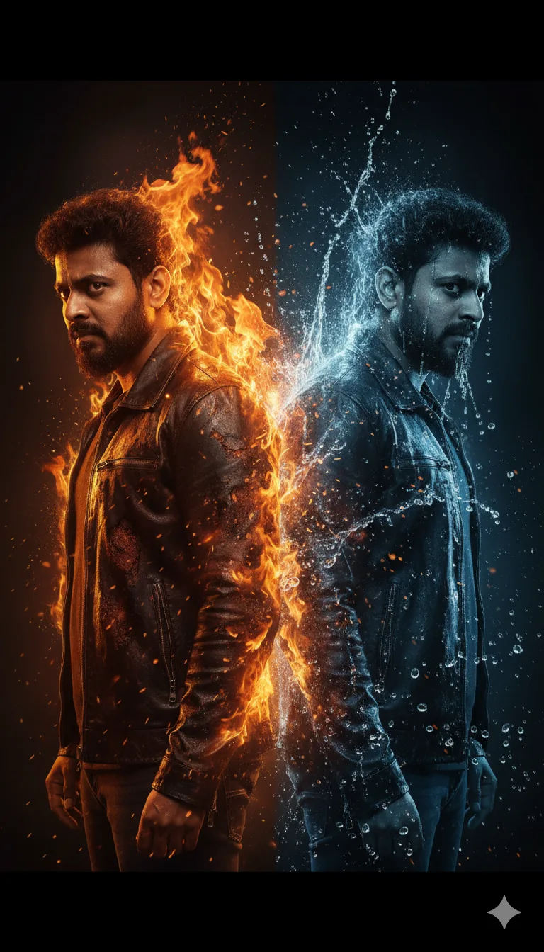 Two identical men back to back, one surrounded by fire and the other by water, steam between them