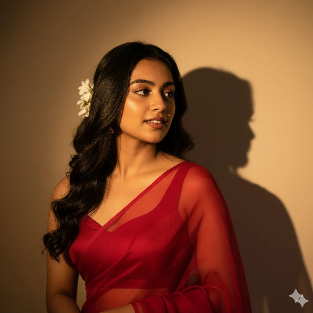Young Indian woman in a translucent red saree with white flowers in her hair casting a shadow on a warm wall