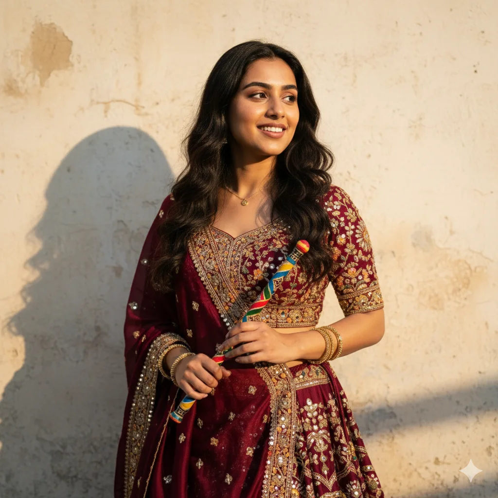 Woman in an embroidered lehenga choli holding a dandiya stick with warm light and a wall shadow