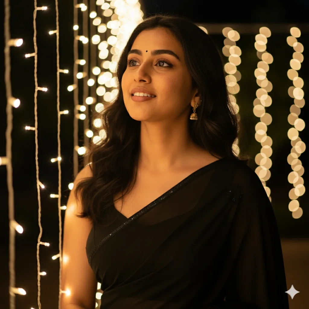 Young woman in a black saree smiling and looking up near glowing string lights with golden bokeh