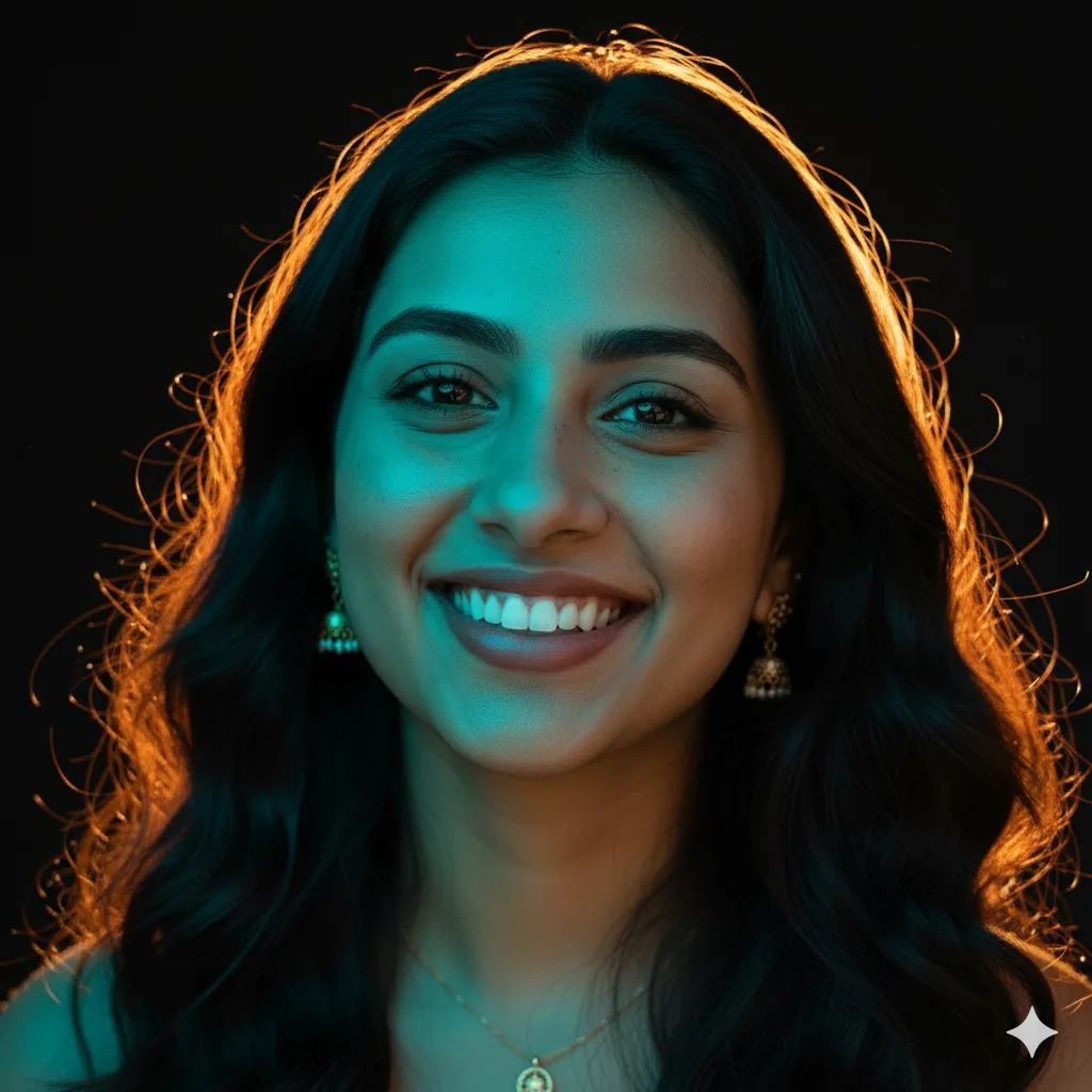 Woman with glowing golden-orange backlit hair and a teal-lit face against a dark background