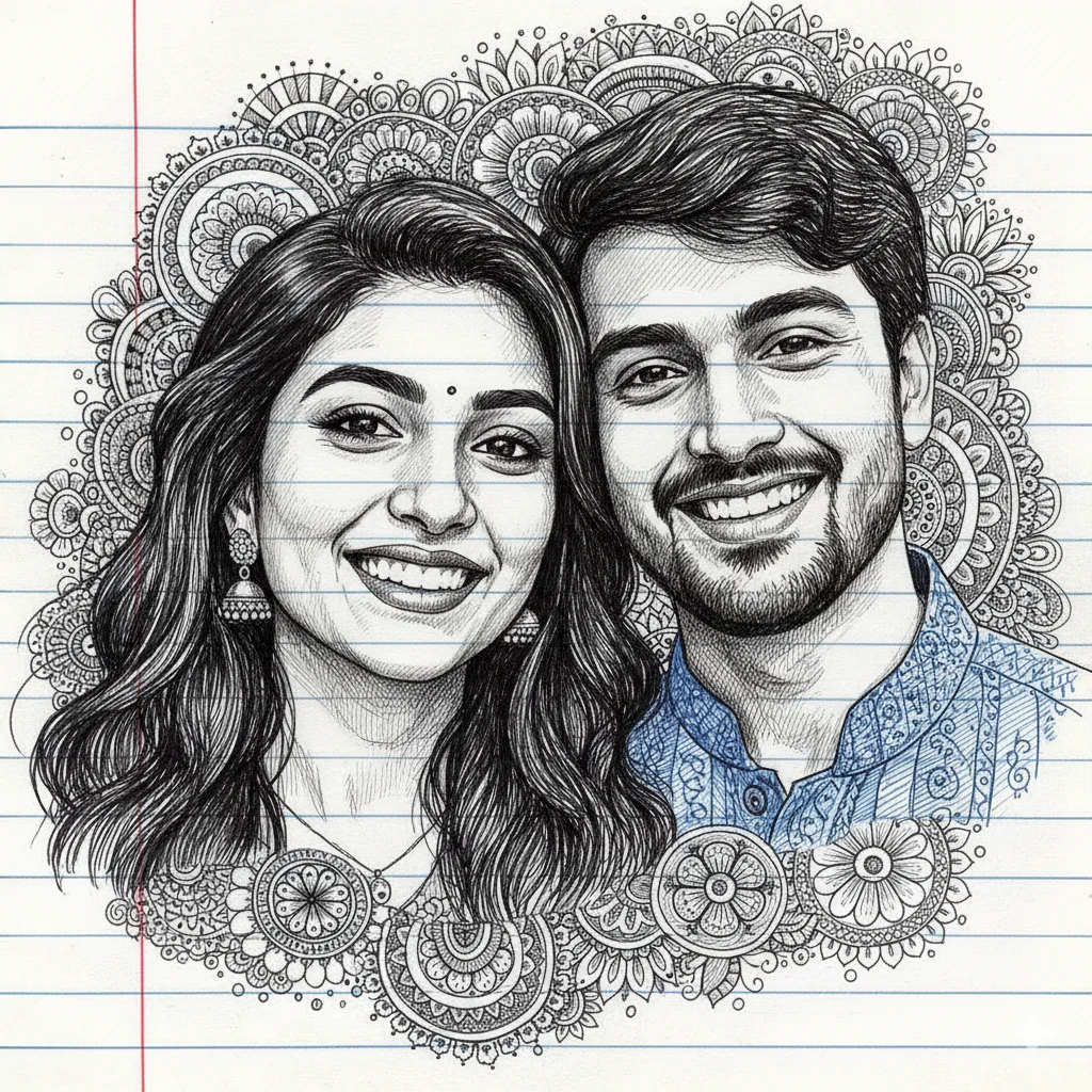 Ballpoint pen drawing of a couple on ruled notebook paper with decorative textures