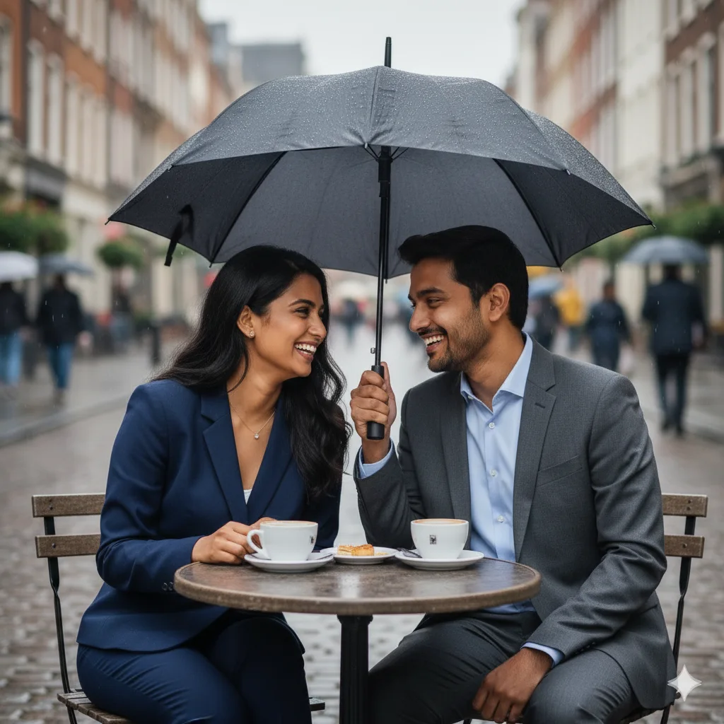 Couple in formal suits laughing over coffee under an umbrella at a cobblestone street café