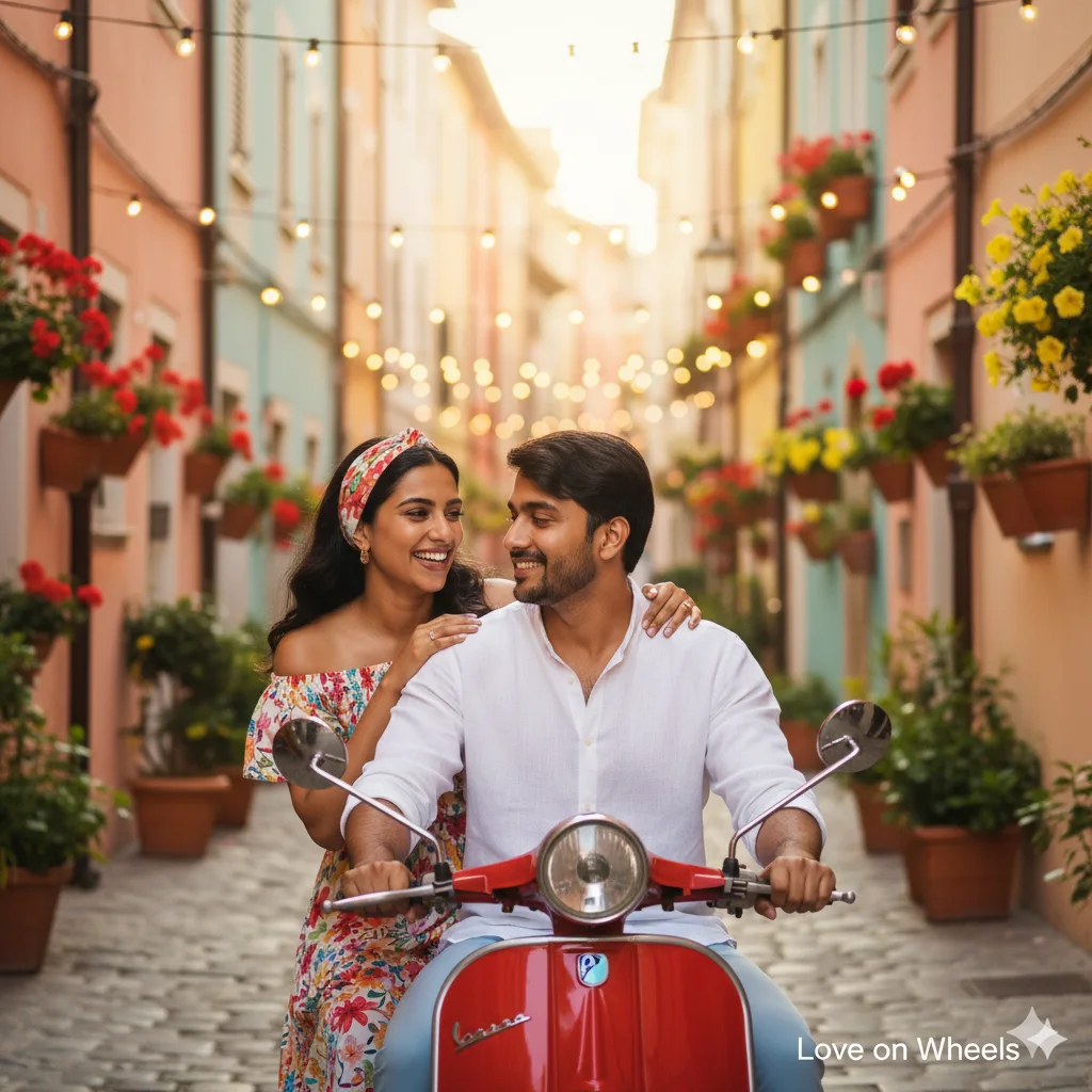 Couple on a red scooter in a colourful European street, woman in floral dress laughing