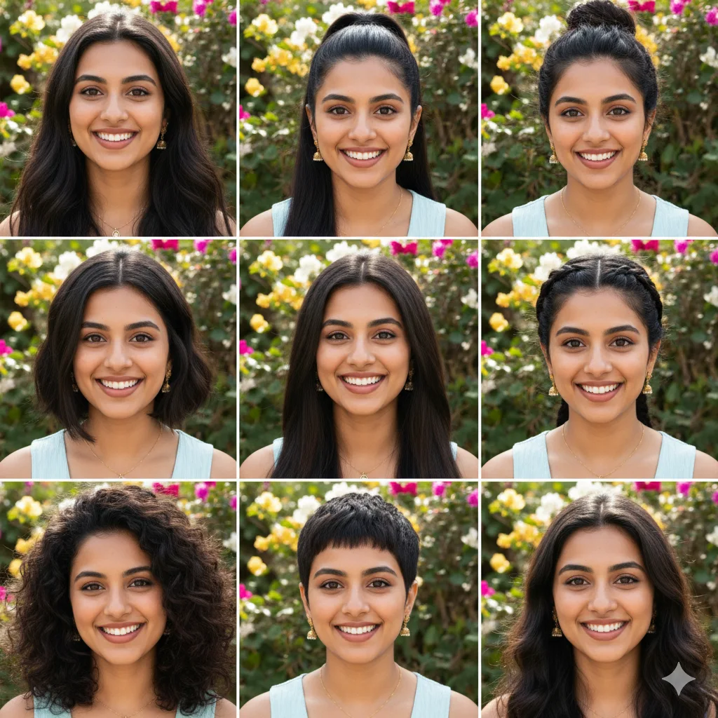 3x3 grid of the same woman with nine different hairstyles