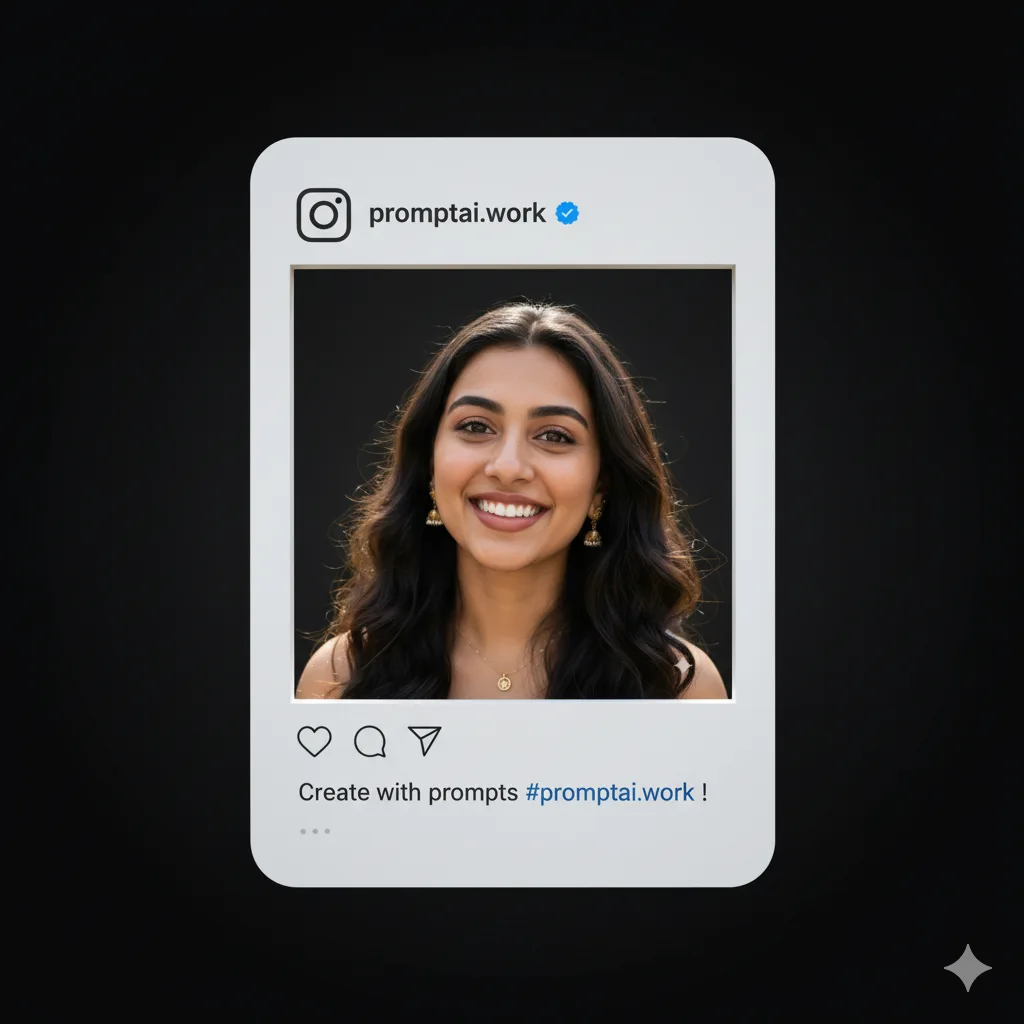 Woman sitting inside a white 3D Instagram frame cutout with a blue checkmark handle on a dark background