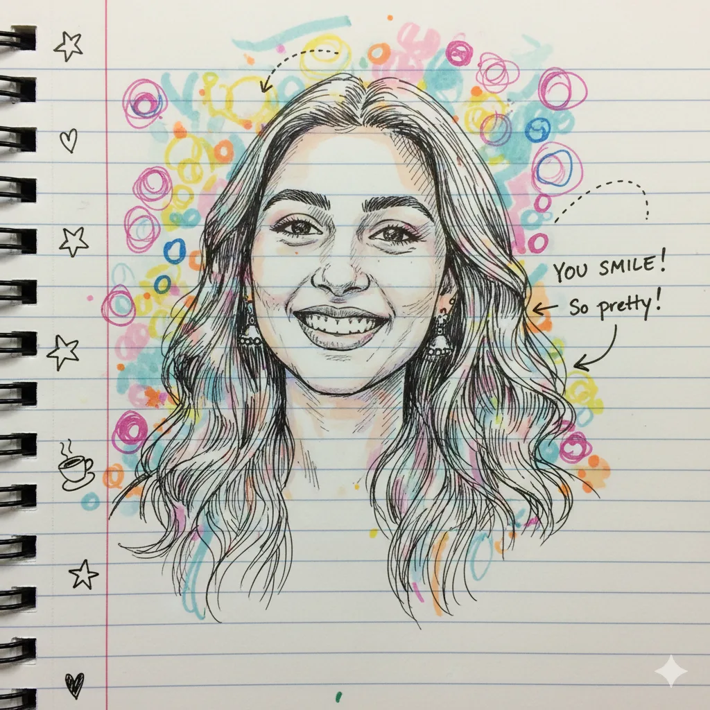 Pen-and-marker doodle of a woman's face on ruled notebook paper with arrows and small margin sketches