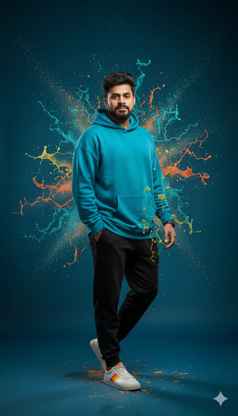 Man in a teal hoodie and black sweatpants standing among frozen splashes of teal, orange and yellow paint