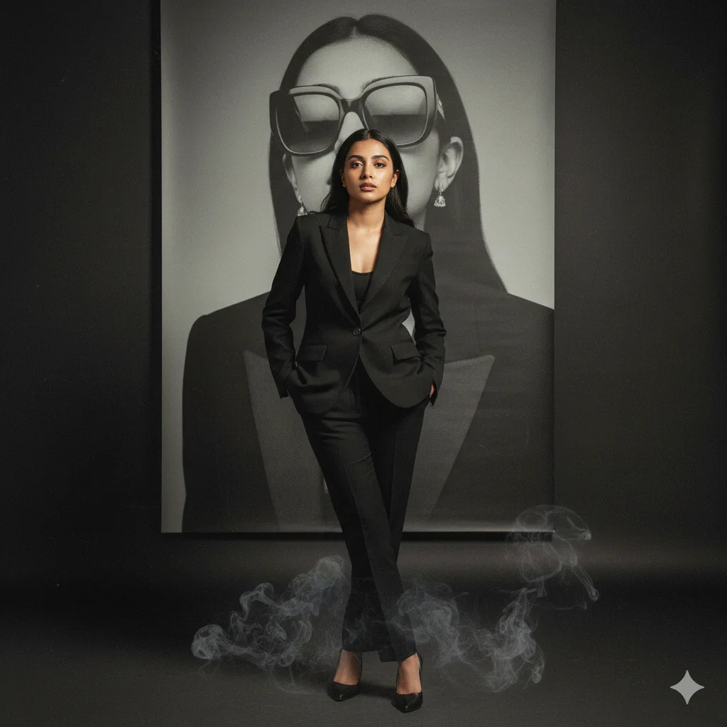 Woman in a black power suit in front of a large faded portrait of herself in sunglasses with floor smoke